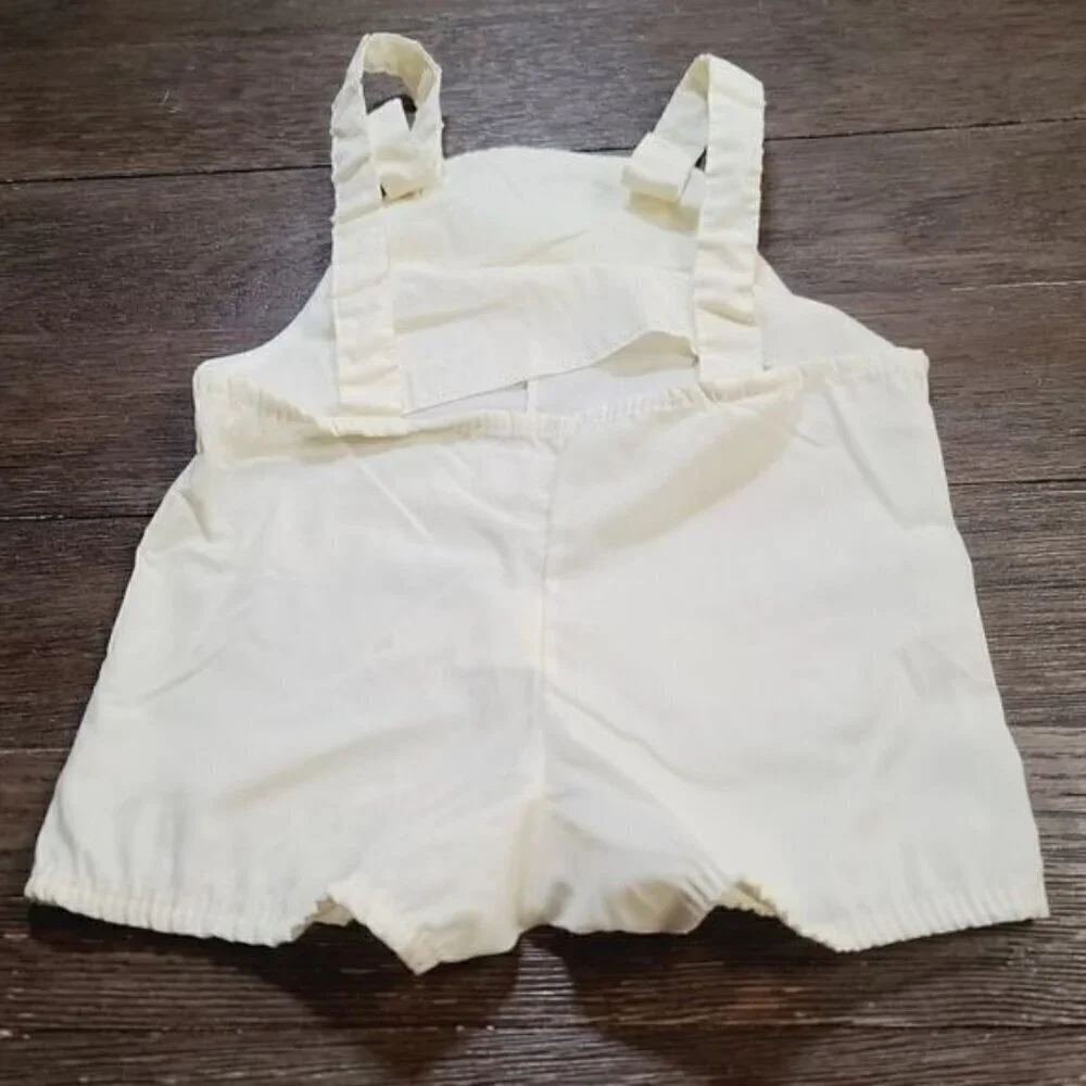 Vintage 70s 80s Pastel Yellow Embroidered Baseball Teddy Bear Train Baby Outfit